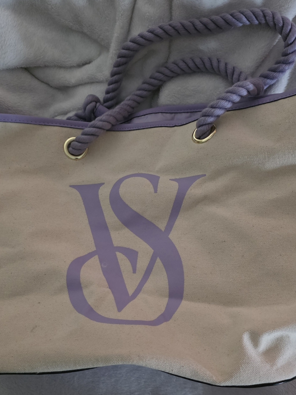 Victoria's Secret Beige Canvas Tote with Lavender Trim and Rope Handles